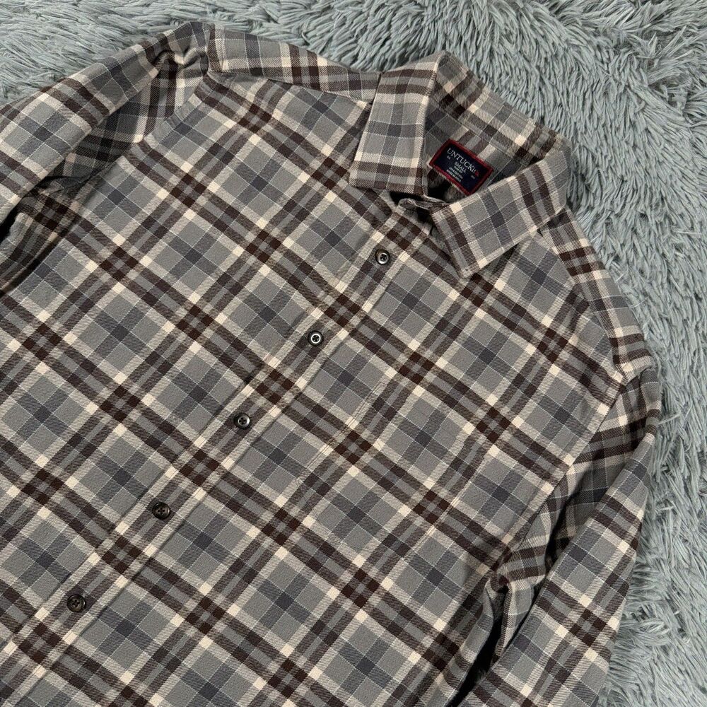 Untuckit Shirt Small Brown Gray Flannel Plaid Slim Fit Outdoor Casual Mens
